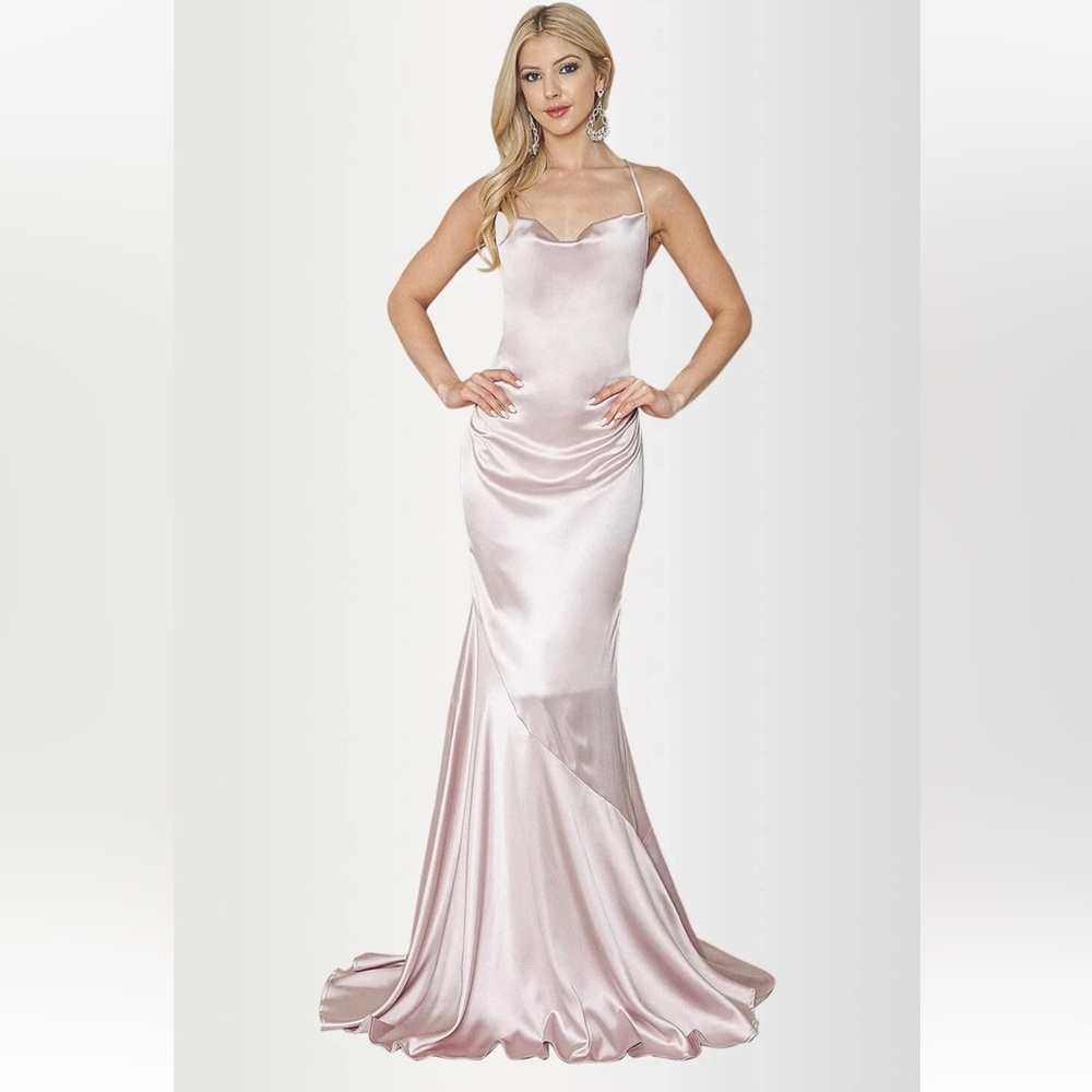 NWT MANIJU womens size S champagne pink sleeveless satin full length gown